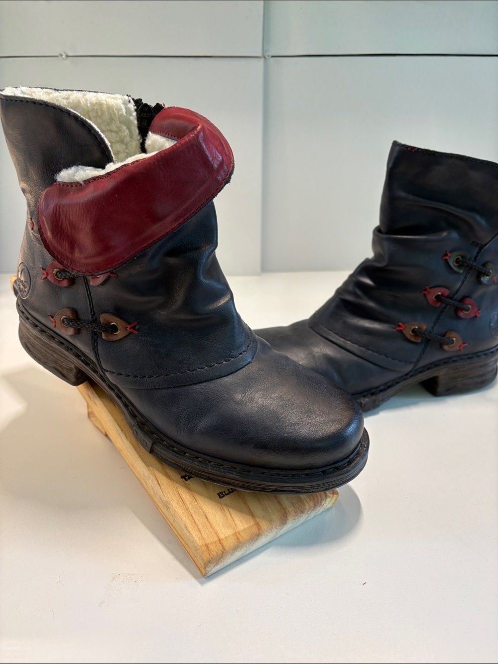 Rieker Navy Vegan Ankle Boots with Red, Green and Camel Accents